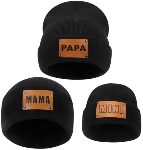 ZUYYON 3 Stück Eltern-Kind-Mütze, Mama PAPA Mini, Leder-Patch, Winter-Strickmütze, warme Bündchen, passende Familienmütze, Schwarz, Einheitsgr��e