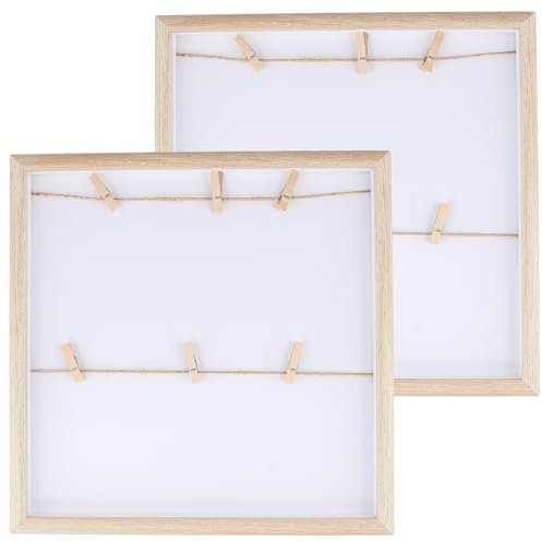 KEILEOHO 2 Cornice Profonda in Legno con Corda e Clip in Legno, Cornice 3D Shadow Box Profonda, Portafoto Filo per Foto, Ricordi, Biglietti, 30 x 30 cm