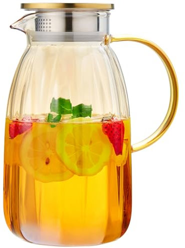 MESNEY 2L Glass Pitcher with Lid and Handle – Clear Water Jug for Iced Tea, Lemonade, Juice, and Beverages – Stylish and Durable Glass Pitcher with Removable Infuser for Fruit-Infused Drinks