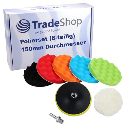 Trade-Shop Polierset 150mm (8-teilig) Polierschwamm Polierpads Wolle Schleifteller M14 Adapter für Winkelschleifer Poliermaschinen