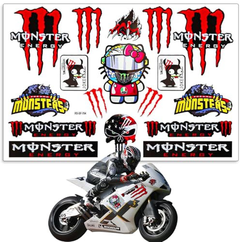 SGQTGIMU Reflektierender Helm Aufkleber Motorrad mit Niedlicher Katze, Monster Sticker Set wasserdicht für Motorradaufkleber, Helm, Auto-Hochwertige Motorrad Sticker in Rot