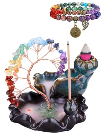 JSDDE Contre - Brûleur d'encens à refoulement avec Chakra Arbre de Vie décoratif Bracelet,Pierres cristallines Porte-encens Encensoir Namaste Yoga méditation et décoration d'intérieur