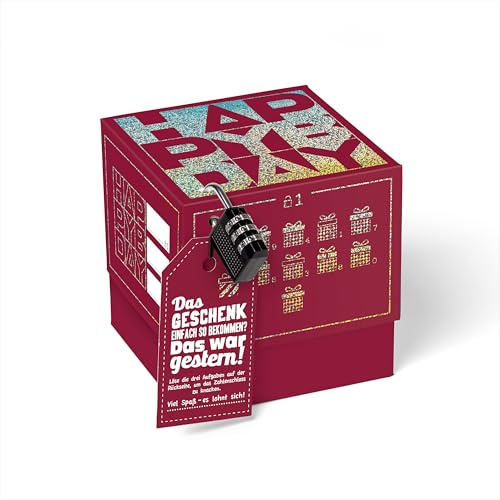 SURPRISA Geschenkbox Rätselbox Happy Bday – Rot mit Glitzerfolie – kreative Verpackung für Geburtstagsgeschenke & Gutscheine (Größe 12 cm)