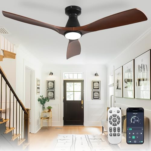 Depuley 52-Zoll-Deckenventilatoren mit Licht: Walnuss 3 Flügel Flush Mount Low Deckenventilator für Schlafzimmer - Dimmbarer Innenventilator mit APP-Fernbedienung Ultraleiser DC-Motor Zeitschaltuhr