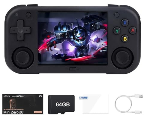 Ampown 2025 New Mini Zero Retro Game Console,2.8 Inch IPS Screen 640x480,Built-in 64GB TF Card,Portable Game Console with 2900mAh Battery,Support HD and TV Output Casual(Black-64G)