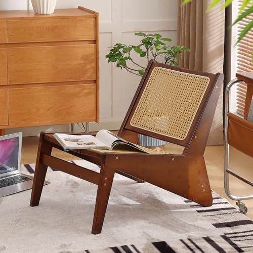 Welnow Mid Century Rattan Accent Chair, Bamboo Wood Lounge Chair with Woven Cane Backrest, Low Armchair for Living Room, Bedroom, Balcony or Reading Corner, Walnut