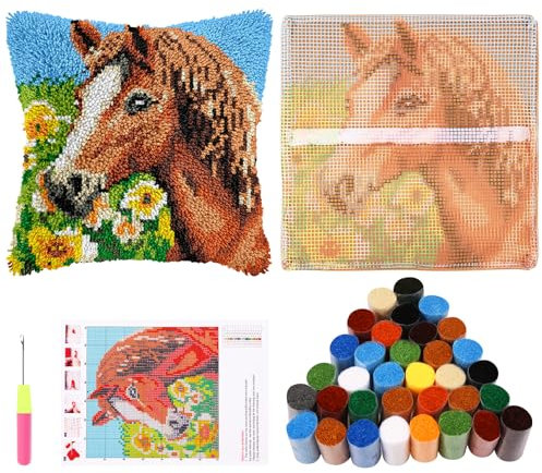Guniata Lot de housses de coussin nouées pour adultes - 43 cm - Avec fil au crochet - Housse de coussin faite à la main - Travail d'aiguille pour décoration de canapé (cheval)