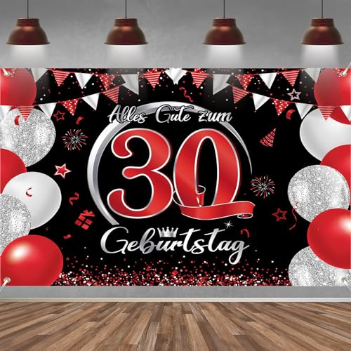 30. Geburtstag Banner Frauen Männer Deko Rot Schwarz 30 Geburtstag Hintergrund Banner, Extra Große Stoff Schild Poster für 30. Geburtstagsparty Deko, 210x150 cm