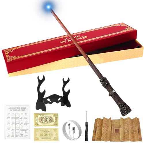 Gobesty Baguette magique lumineuse LED avec chargement USB, ensemble de baguettes magiques de luxe avec boîte cadeau, porte-baguette magique, carte et carte géographique, pour fête, carnaval