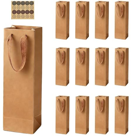 12 Pcs Wine Gift Bags, 11x9x35cm Single Bottle Kraft Paper Tote | Sturdy Reusable With Handles for Birthdays, Anniversaries, Party, Christmas, Shopping (Brown)