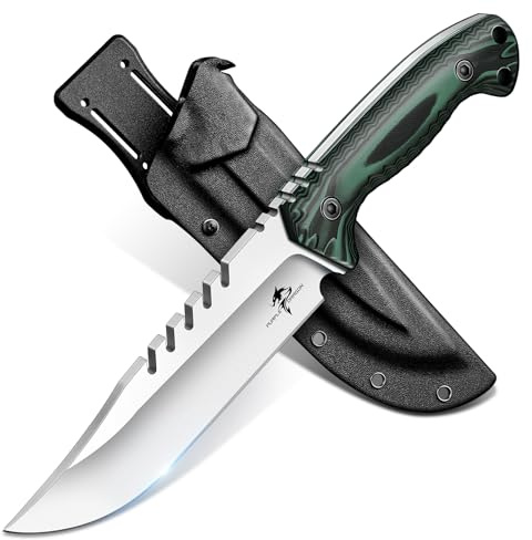 Purple Dragon Outdoor Messer Survival D2 Stahl Sägezahn Kydex Scheide-Grün | Full Tang Camping Messer mit G10 Griff,Vielseitiges Überlebensmesser für Wildnis und Bushcraft Geschenk für Männer