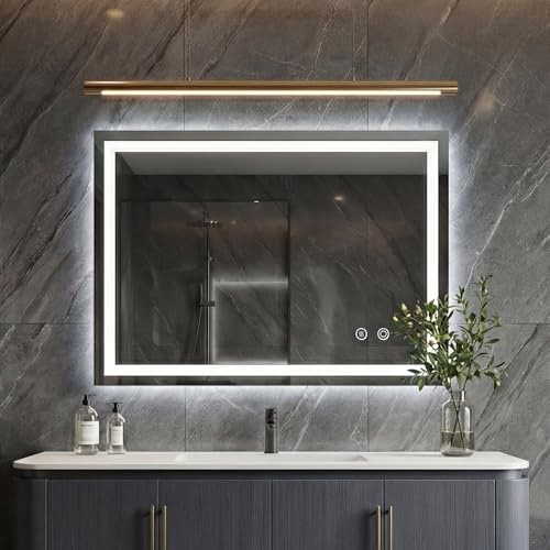 Hyaapwod Badspiegel mit Beleuchtung, Badezimmerspiegel 80 x 60 cm, LED Spiegel Bad, mit 3 Lichtfarben, Dimmbar, Touch-Schalter, Beschlagfrei, Speicherfunktion