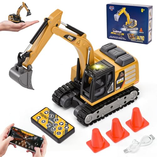 LTFIOON Mini Pelle Télécommandée, 1:64 Pelleteuse Télécommandée avec Pelle Métallique, 2,4 GHz RC Pelleteuse avec Lumières et Sons, 2 Vitesses, Rechargeable USB – pour Enfants à Partir de 3 Ans