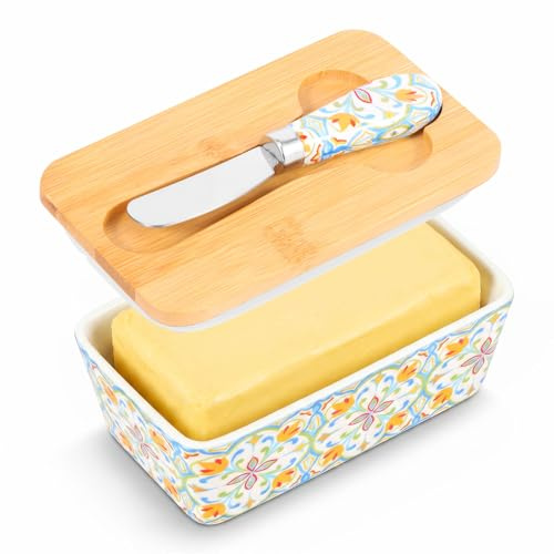 Ceramic Butter Dish with Bamboo Lid & Knife, 350ML Large Capacity Butter Dish for Countertop, Delicate Floral Pattern Butters Keeper Fits Most Butters Sizes (Style A)