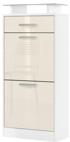 Vladon Schuhschrank Loret V2, Schuhkipper für 8 Paar Schuhe mit 2 Klappen, 1 Schublade und Glasablage, Weiß matt/Creme Hochglanz (46 x 104 x 23 cm)