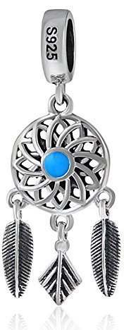 Traumfänger-Charm, 925er-Sterlingsilber, Feder-Anhänger, Engelsflügel, Blumen-Charm für Pandora-Armband (B)