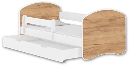 ACMA Jugendbett 180x80 cm Kinderbett mit Einer Schublade mit Rausfallschutz, Lattenrost und Matratze II Farbe Weiß - Eiche Craft, stabiles Bettmöbel für Kinderzimmer