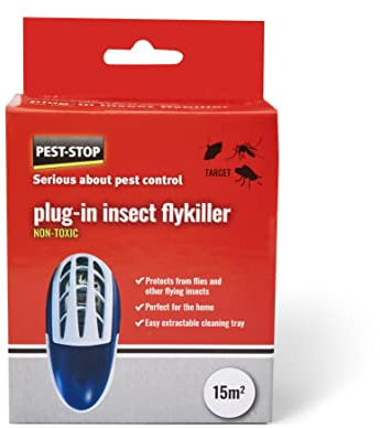 Pest-Stop Plug-in Insect Flykiller – Indoor Fly Trap for Flies, Mosquitoes & Midges – Compact Bug Zapper with Easy-Clean Tray – 15m² Coverage