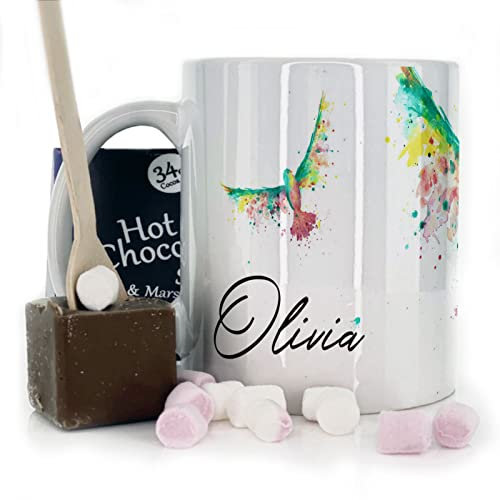 Personalised Mug and Belgian Milk Chocolate/Hot Chocolate Stirrer Marshmallow Gift Set, Custom Name (11oz) White, Yellow, Blue, Black, Pink Mug with Rainbow Bird Design, Bird Mug