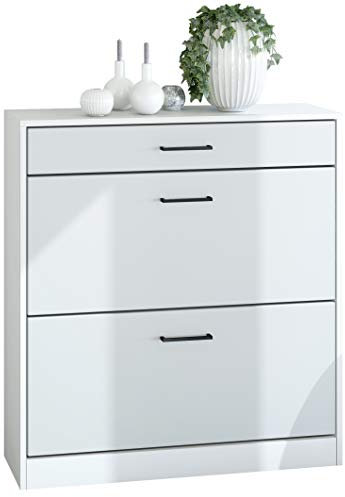 Vladon Schuhschrank Schuhkipper Elvas 89 x 95,5 x 27 cm, Made in Germany, Korpus in Weiß matt, Front in Weiß matt | Große Farbauswahl