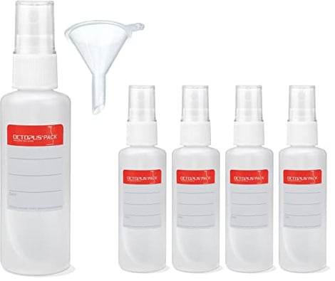 5 x 50 ml HDPE-Sprühflaschen mit Zerstäuber und Trichter | Kompakte Leerflaschen mit weißem Fingerzerstäuber und Überkappe, inklusive Mini-Trichter und Beschriftungsetiketten.