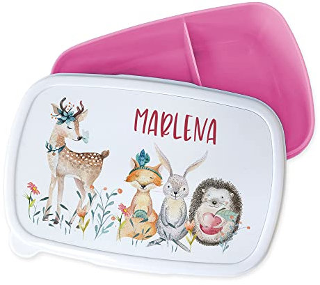 GRAZDesign Brotdose Kinder personalisiert, Lunchbox Kindergarten und Schule, Brotbox mit Unterteilung, Name und Waldtiere, Geschenk zu Einschulung, Pink