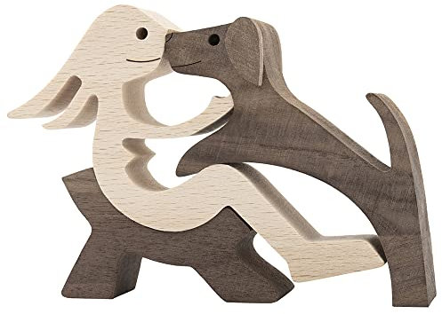 BOBO BIRD Holzstatue für Hunde Katze Familie handgefertigte Holzdekoration niedlicher Welpen Kätzchen und Menschen Statue Skulptur Ornament Sammelfigur Kunst für Zuhause Büro Wohnzimmer