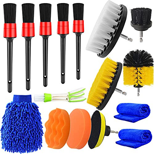 Yumzeco 16Pcs Lot de Brosse Nettoyage Voiture,Pinceau Detailing Auto,Kit de Brosse Nettoyage Voiture Interieur Exterieur,Brosse Nettoyage Perceuse Électrique,Brosse de Jante Voiture Nettoyage de Roue