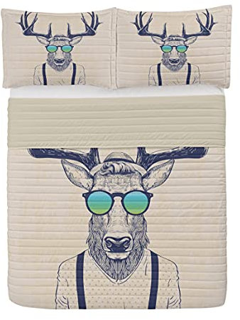 ABAKUHAUS Geweih Mikrofaser Tagesdecken Set, Hipster Cool Fun Tier, weiches Bettwäscheset mit Kissenbezügen und Steppdecke, 264 cm x 220 cm, Beige Dunkelblau