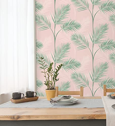 GAULAN 680913 - Carta da Parati Lavabile Tropicale di Foglie di Palma Verde e Rosa Cipria per pareti Soggiorno Camera da Letto Sala da Pranzo testada del - Rotolo di 10 m x 0,53 m