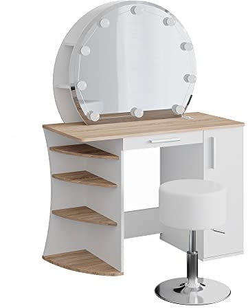 Vicco Schminktisch Almina, Sonoma/Weiß, 100 cm mit LED Beleuchtung und Hocker