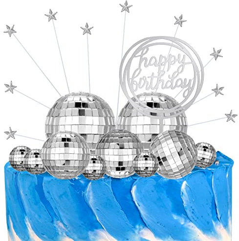 Heyu-Lotus 21 PCS Disco Ball Cake Topper, Happy Birthday Cupcake Toppers Glitter Mirror Ball Cake Decorations 70s Disco Decorations for Birthday 1970s Disco Theme Party Favor Supplies