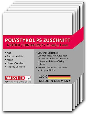 6er Set Polystyrol Platten weiß I DIN A4 Kunststoff-Hartplatten PS Zuschnitte I 21 x 29,7 cm I 1 mm Stärke I für Modellbau Architektur DIY I mag261