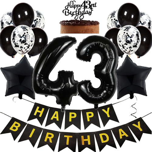 Feelairy Geburtstagsdeko 43 Jahre Frauen, Luftballon 43. Geburtstag Deko Männer, Schwarz Tortendeko Happy 43th Birthday Deko 43 Jahre Frau, Ballon 43. Geburtstag Mann Party Dekoration Set