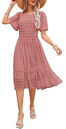 Annebouti Robe midi décontractée à manches courtes et fluide à pois suisses pour femme - Été et printemps 2024, Rose poudré uni, Taille XS