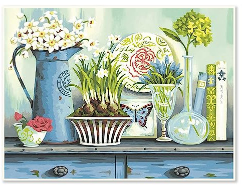 DCIDBEI 40x30CM DIY Diamond Painting Vase auf blauem Tisch, Diamant-Stickerei Set Komplettes, 5D Rund Diamant Malerei Küche, kreative Hobbys Erwachsene, Dekoration für Schlafzimmer Büro