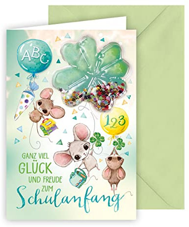 KE - Besondere Glückwunschkarte zur Einschulung mit Balloon-Sticker, Karte zum Schulstart, B6 Format, inklusive Umschlag, perfekt zum Schulanfang, Motiv: Mäuse