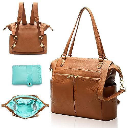 MISS FONG Baby Wickeltaschen Baby Wickeltasche Rucksack Wickeltaschen Multifunktionale Ledertasche mit Schultergurt & Wickelunterlage für Mama & Papa Große Kapazität Wasserdichter Rucksack Braun
