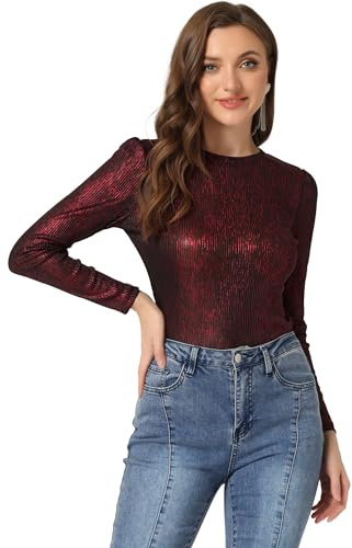 Allegra K Women's Long Sleeve Sparkly Party Glitter Shiny Metallic Tops Shirt Black Red S
