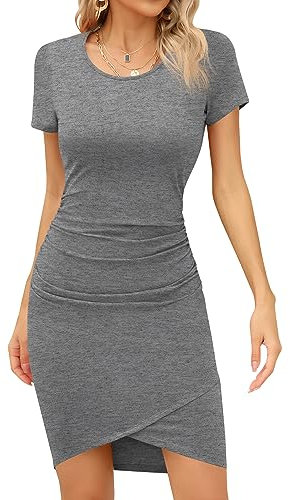 Missufe Freizeitkleid Bodycon Kurzarm Sommerkleid Wickelkleid Damen Kleid Kurz Enges Mini T Shirt Kleid (Dunkelgrau, X-Klein)