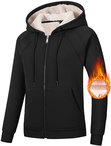 MoFiz Warm Winter Coat, Women's Fleece Zip Up Hoodie, Black, Medium