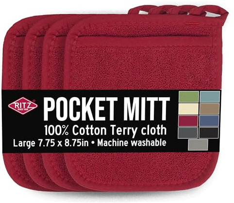 RITZ Terry Pocket Mitt & Hot Pad: Unparalleled Heat Resistant, Durable 100% Cotton – Ergonomically Designed for Optimal Grip – Easy-Care Machine Washable – 4-Pack, Paprika Red