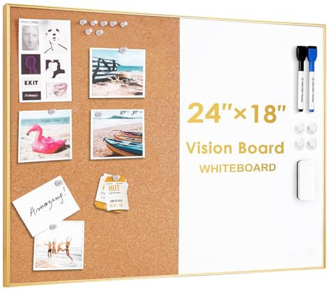 ARCOBIS Korktafel, Whiteboard-Kombination, 60 x 45 cm, Pinnwand mit Goldenen Rahmen, Magnetische, Trocken Abwischbare Tafel und Korktafel für die Wand, Sichttafel für Zuhause, Büro, Schule