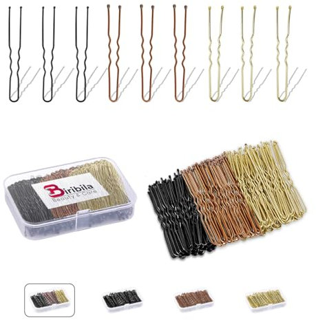 Biribila U-förmige Haarnadeln für Dutt, 6 cm, gewelltes Design, Haarknoten, Haarklammern für alle Haartypen, Frisuren, Haarnadeln für Frauen mit organisierter Box (Schwarz, Gold, Braun, 150 Stück)