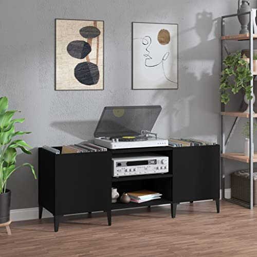 Prissent Meuble à Disques Noir 121 x 38 x 48 cm en Bois Multicouche - TV, CD, Étagère, Porte-Disques Vinyle, Multi-Usages