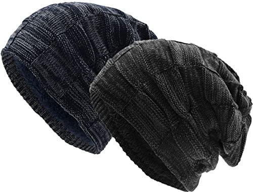 UPhitnis Mütze Beanie Herren Winter-Long Slouch Wintermütze Haube Herren-Beanie Damen mit Kariert Sehr Weichem Fleecefutter