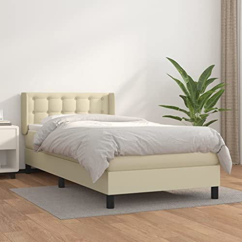 MNISDFL Bett kopfteil Bodenbett Schlafzimmer möbelEinzelbett Boxspringbett mit Matratze Creme 100x200 cm Kunstleder