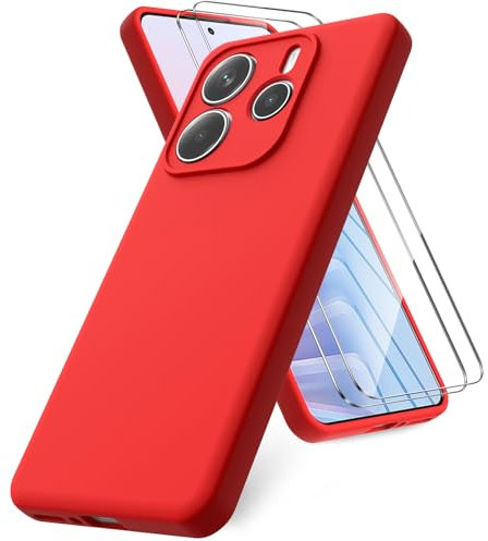 Vansdon Coque Compatible avec Xiaomi Redmi Note 14 5G, 2 Film de Protection en Verre trempé, Housse Souple en TPU en Silicone Liquide, Housse en Caoutchouc Antichoc - Rouge