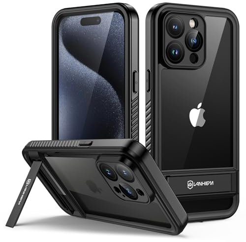 Lanhiem für iPhone 15 Pro Hülle Wasserdicht mit Metall Ständer,Handyhülle für iPhone 15 Pro IP68 Wasserfest Schutzhülle,360 Outdoor Case Stoßfest Staubdicht Panzerhülle mit Displayschutz,Schwarz
