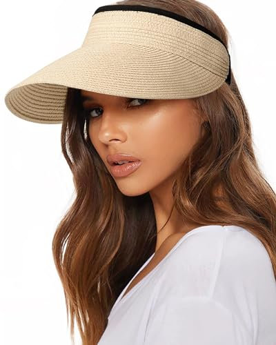 FURTALK Sun Straw Visor for Women Summer Packable Ponytail Beach UPF 80+ Sun Hats for Travel, Beige